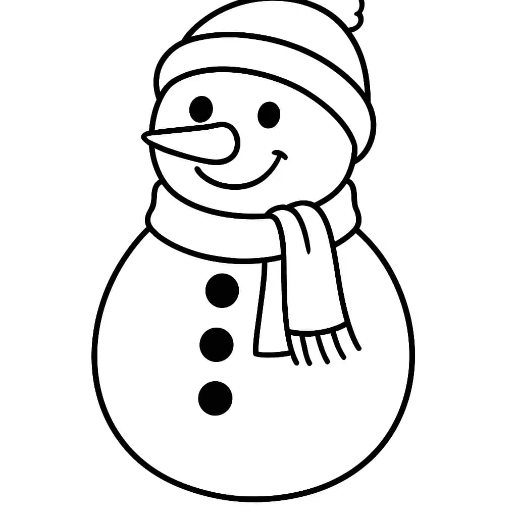 Simple outline of a happy snowman with a hat and scarf for preschool coloring