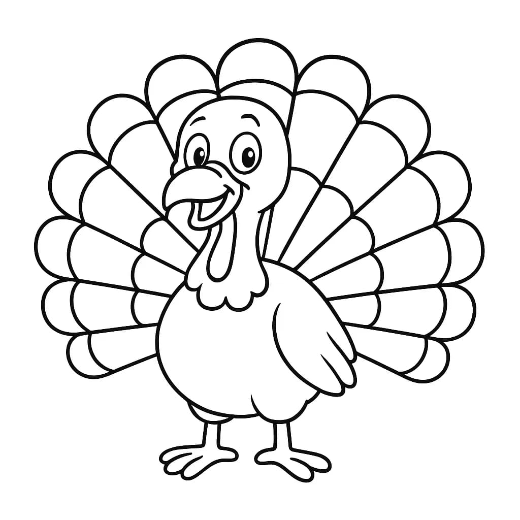 Simple turkey with tail feathers spread out, easy for kids to color