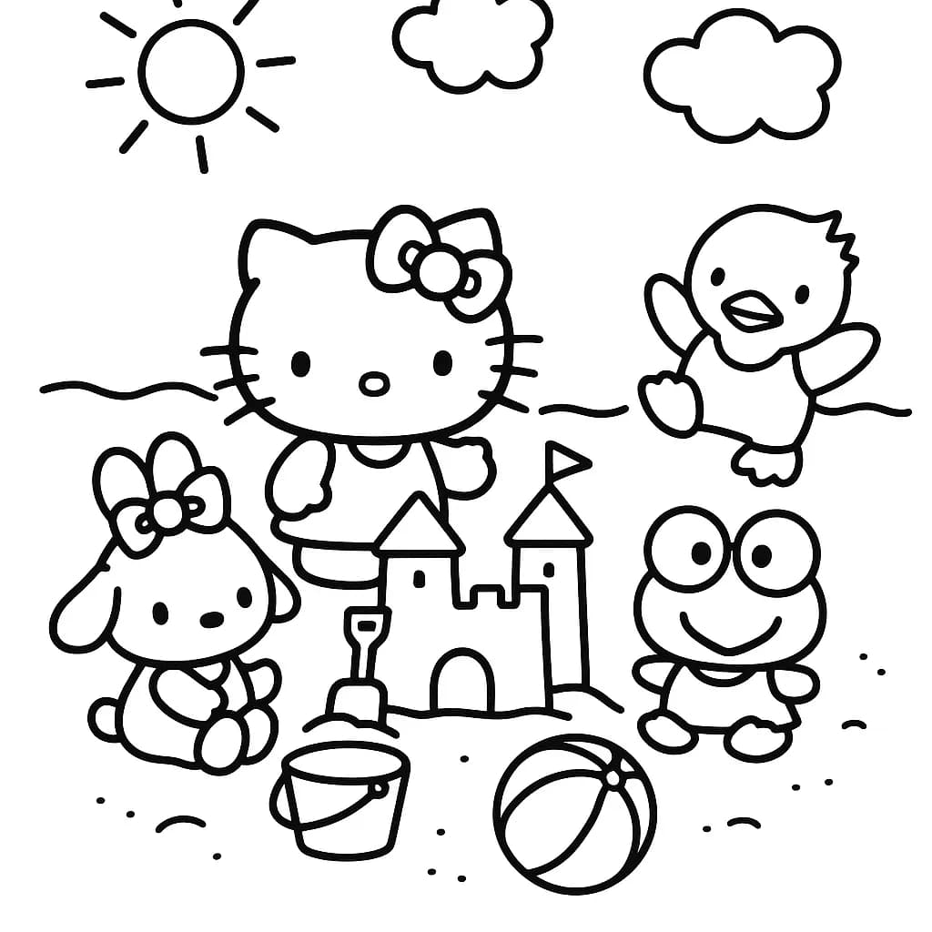 Hello Kitty characters building a sandcastle and playing with a beach ball at the beach, easy outlines.