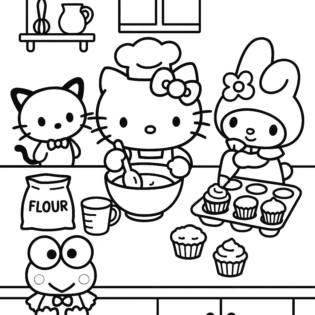 Hello Kitty and friends in a kitchen baking cupcakes, simple outlines for preschool coloring.