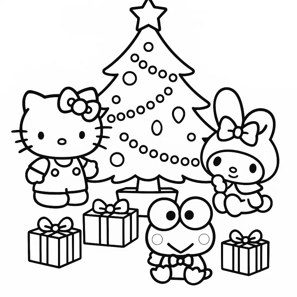 Hello Kitty, My Melody, and Keroppi standing by a Christmas tree with presents, simple outlines for coloring.