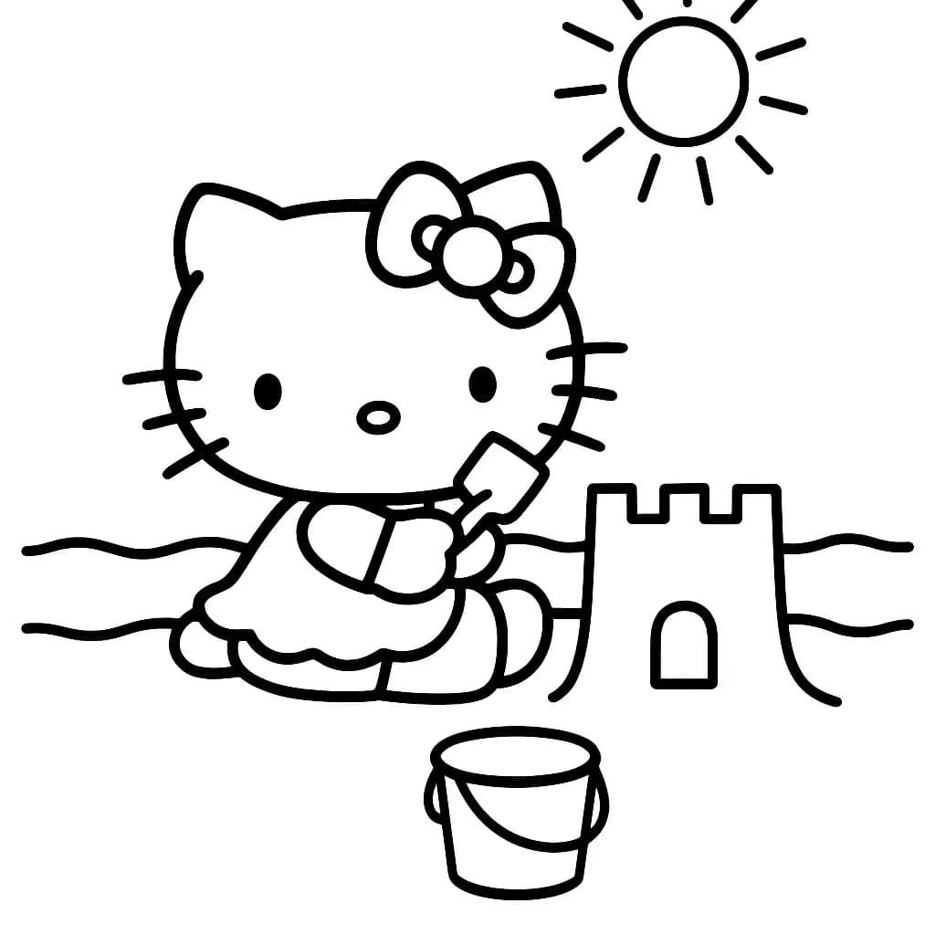 Hello Kitty building a sandcastle with a bucket at the beach, sun in the sky, easy outlines for kids.