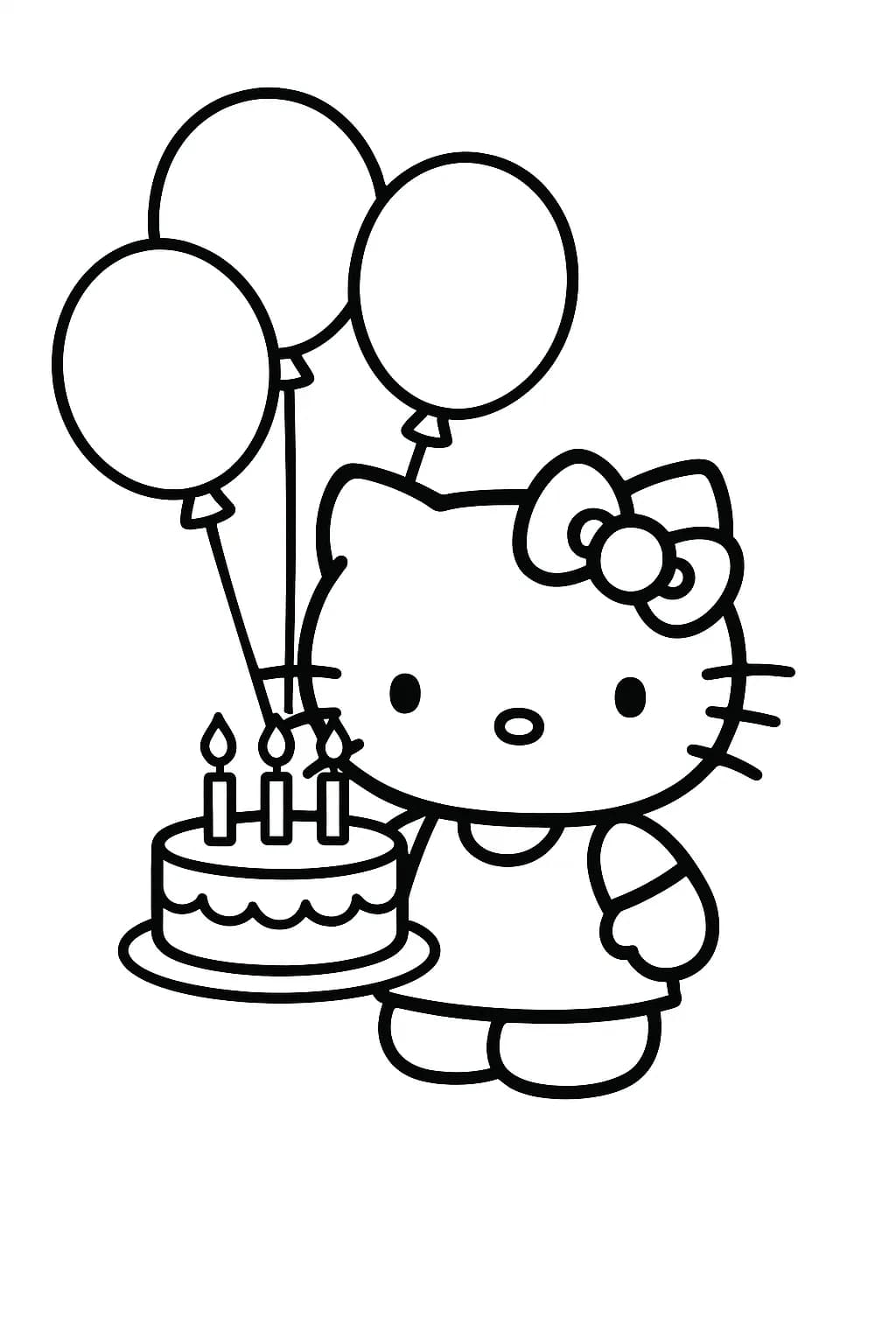 Hello Kitty with a birthday cake and balloons, simple shapes, easy outlines for preschoolers.