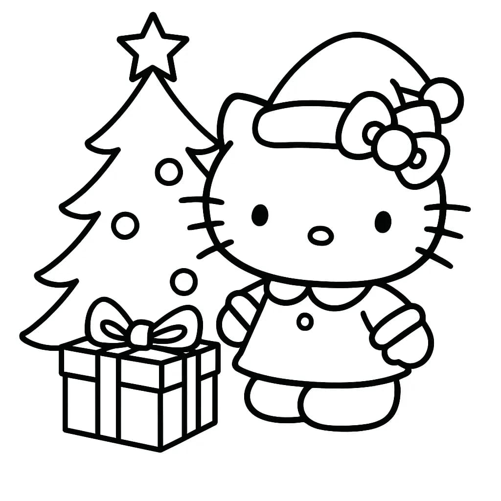 Hello Kitty wearing a Santa hat beside a Christmas tree and present, easy outlines for children.