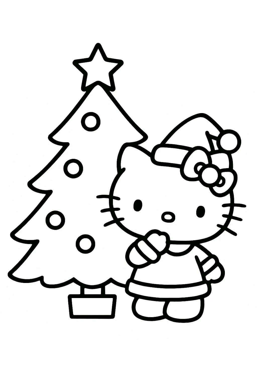 Hello Kitty with a Santa hat standing next to a Christmas tree, simple outlines for preschool coloring