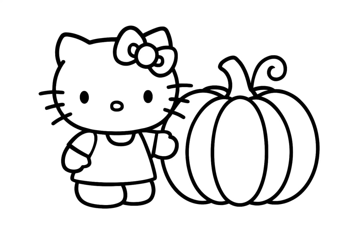 Hello Kitty standing beside a large pumpkin, simple outlines for preschool coloring.