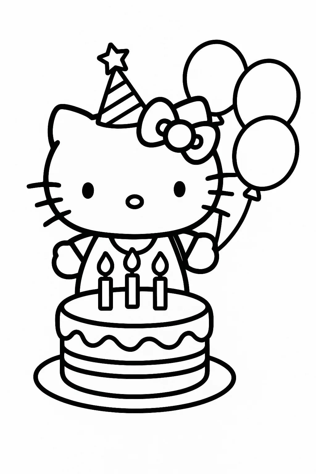 Hello Kitty wearing a party hat with a big birthday cake and balloons, simple outlines