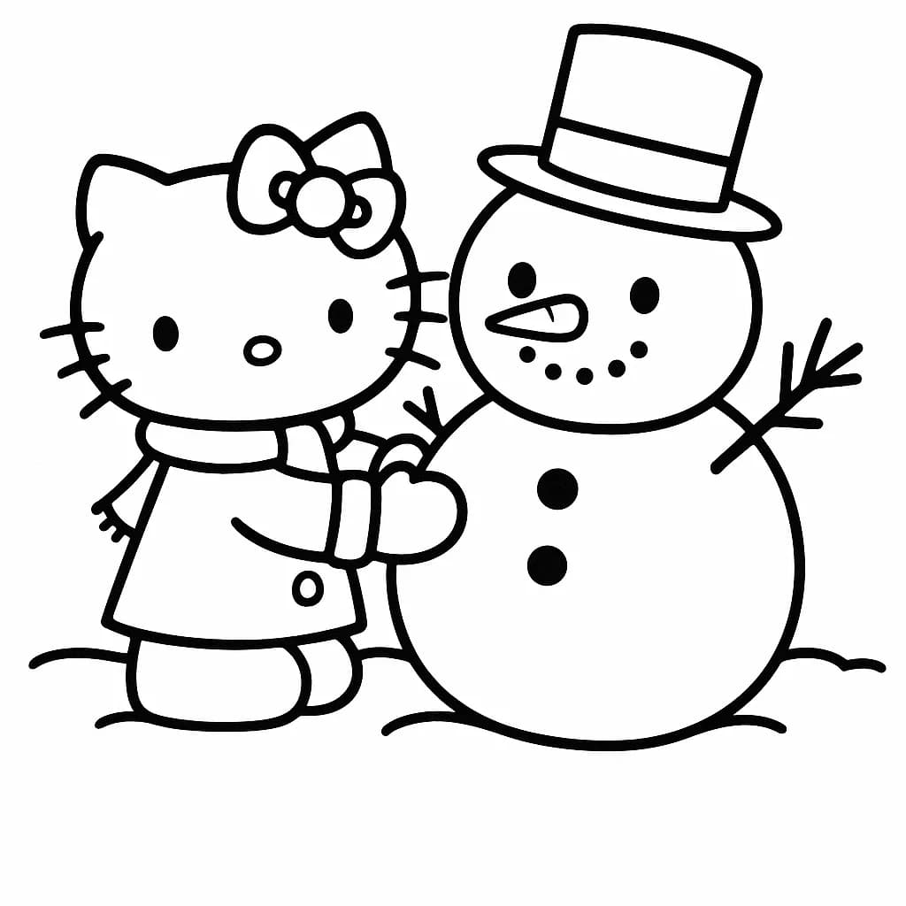 Hello Kitty building a snowman with simple outlines, suitable for preschool coloring.
