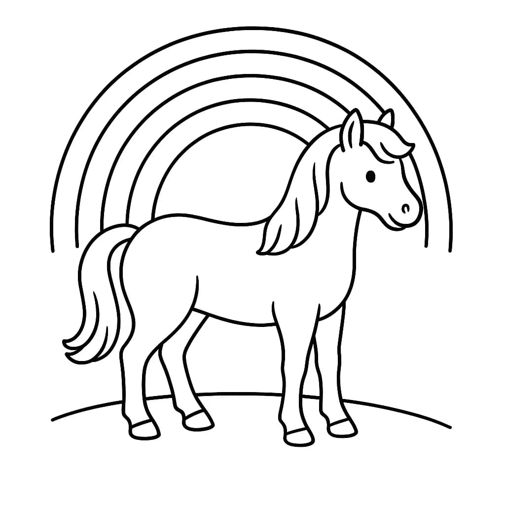 Line drawing of a horse standing under a big rainbow, easy shapes for preschool coloring.