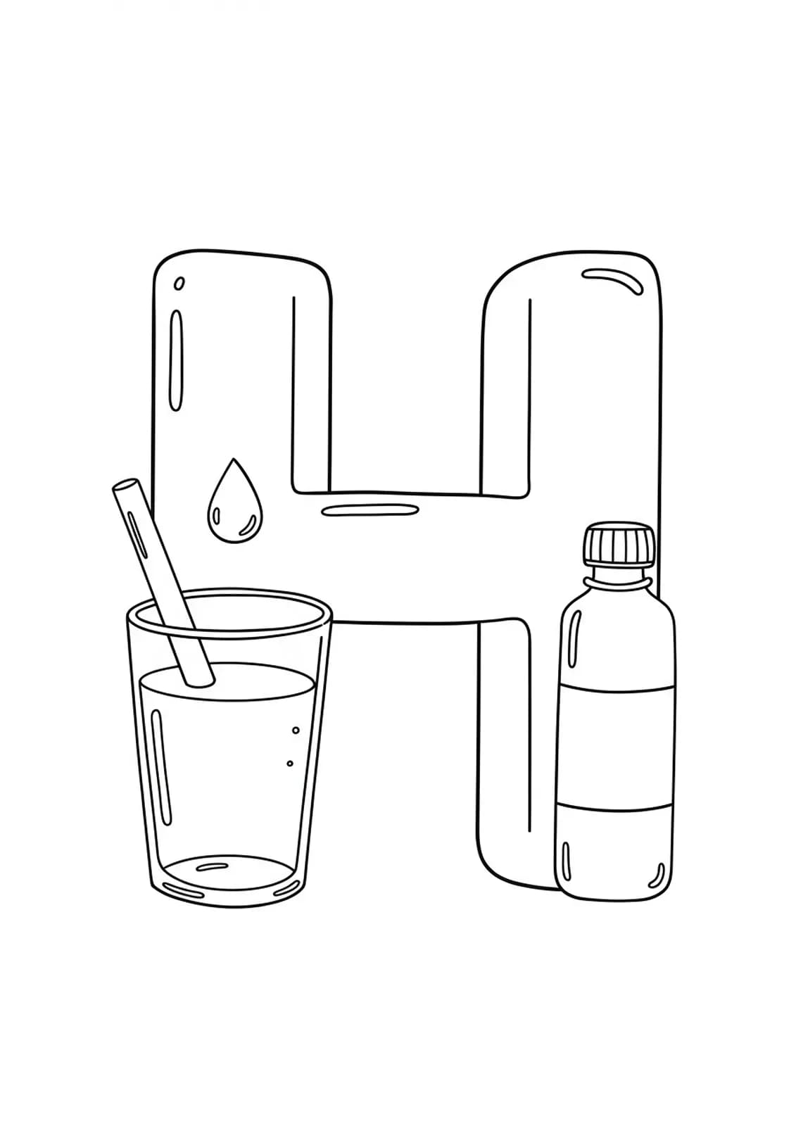 Coloring page with a large letter H, water glass, droplet, and bottle outline.
