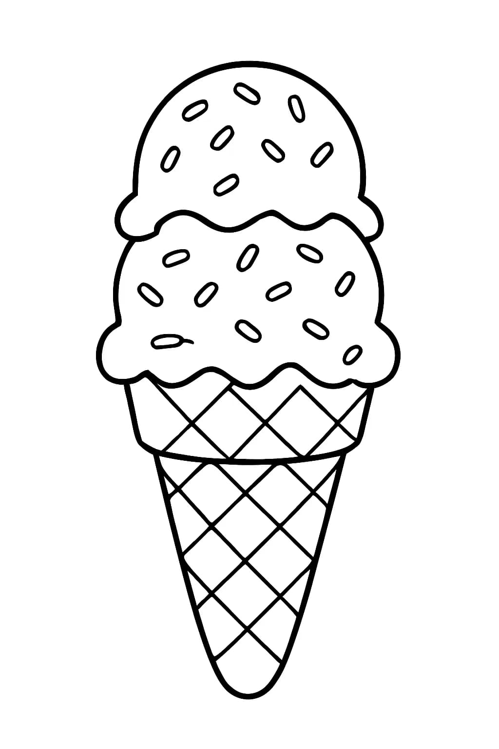 Easy coloring page with a large ice cream cone and scoops for preschoolers.