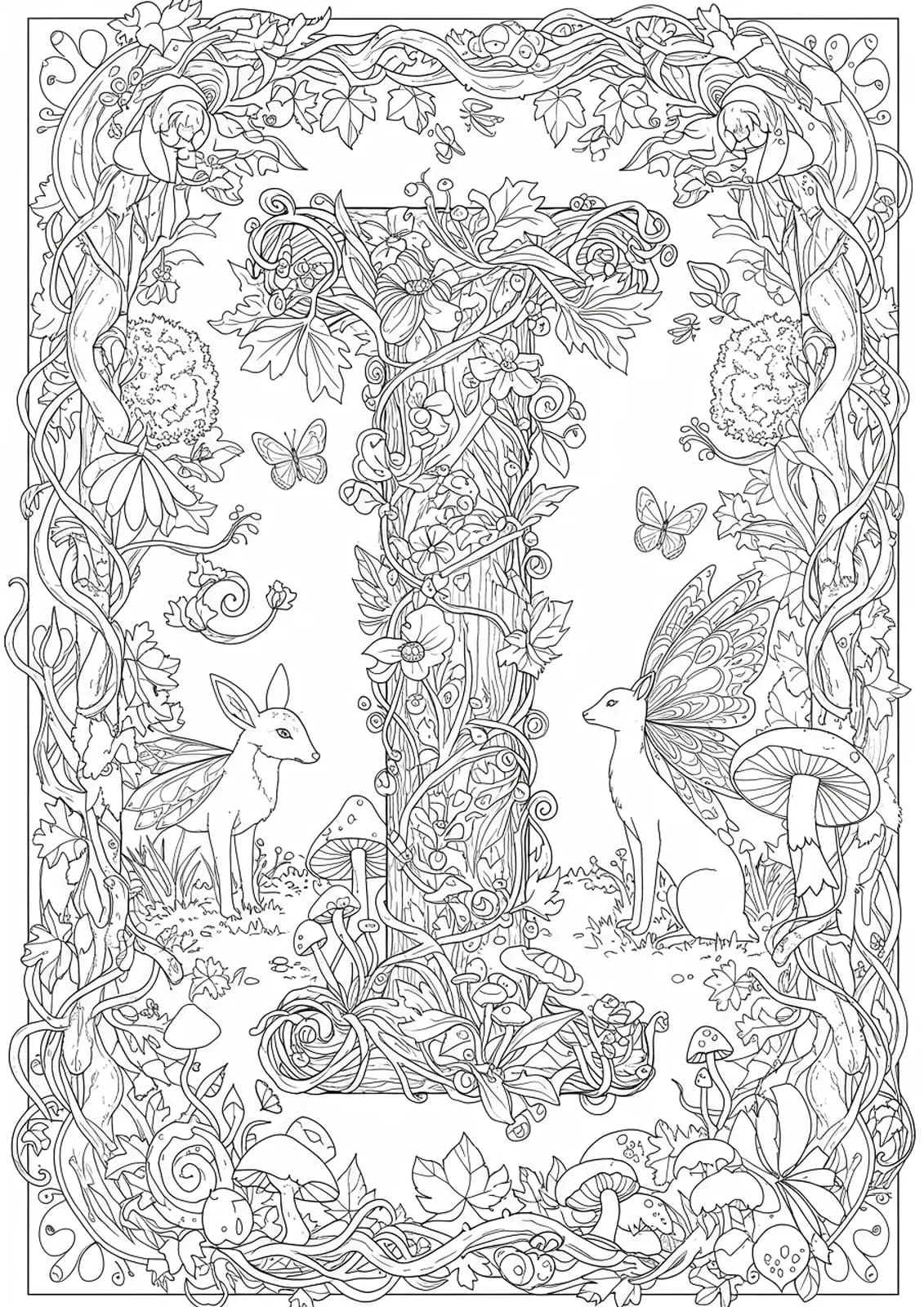 Fantasy forest scene with the letter I surrounded by detailed vines, mushrooms, fairies, and forest creatures for coloring.