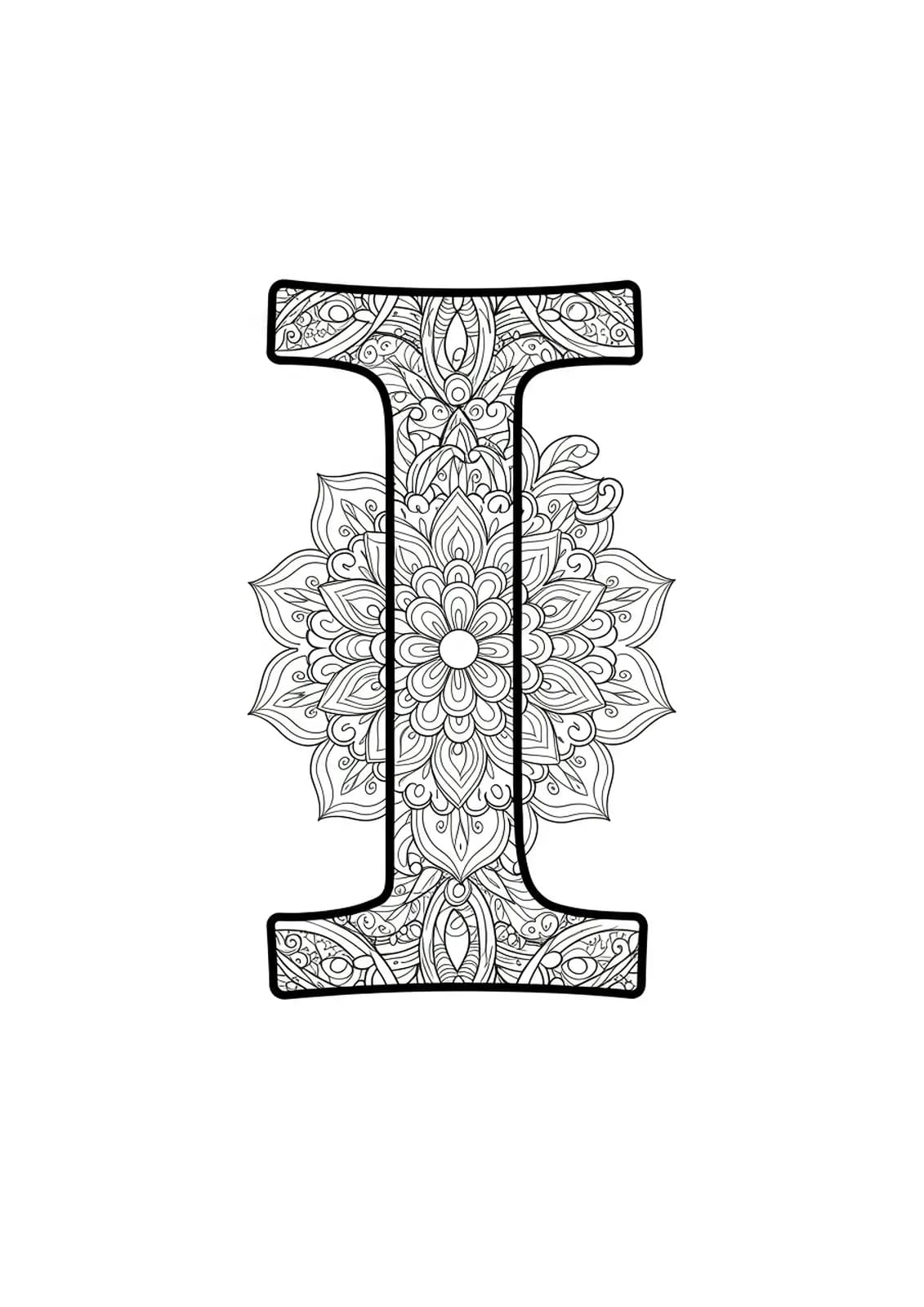 Medium-difficulty botanical mandala patterns integrated with the letter I for adult coloring.