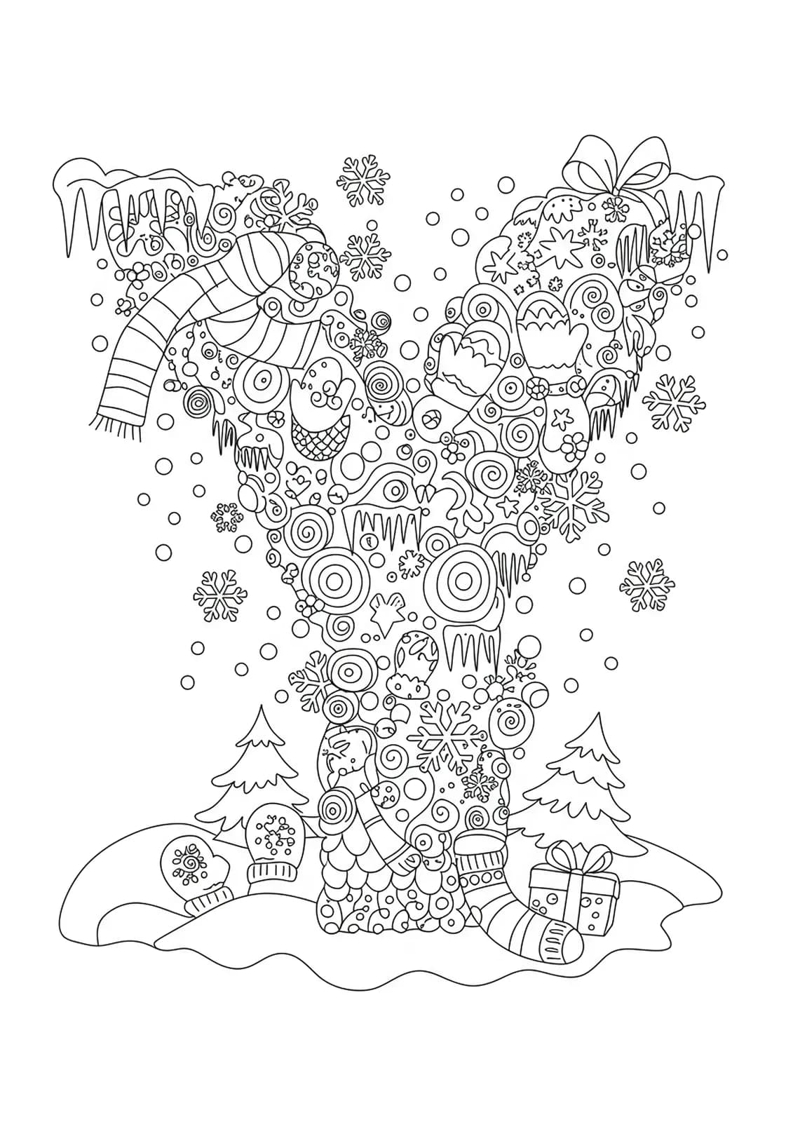 A complex coloring page showing the letter Y decorated with snowflakes, icicles, and winter patterns for elementary children.