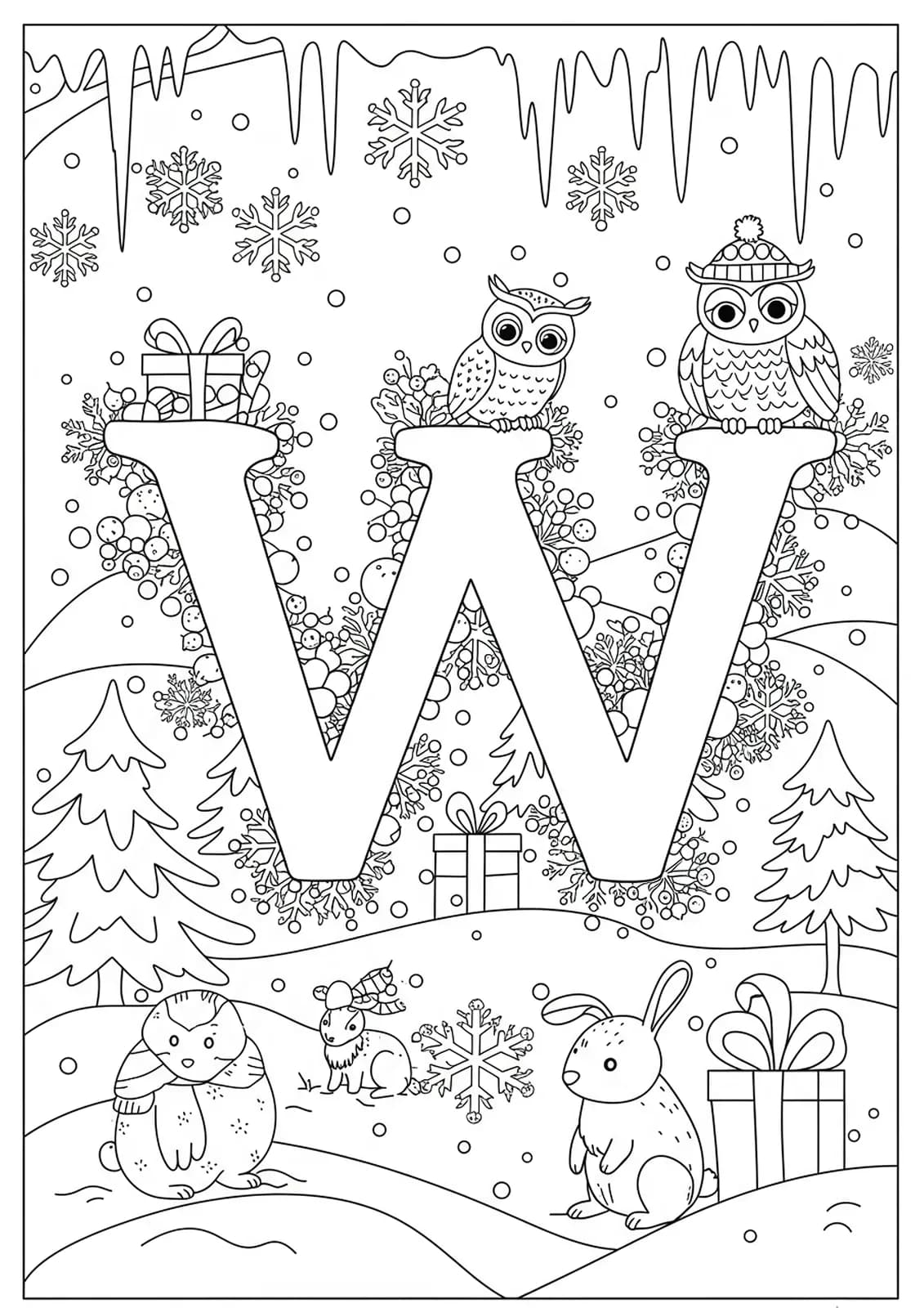 Intricate black and white winter scene with letter W, snowflakes, trees, and winter animals