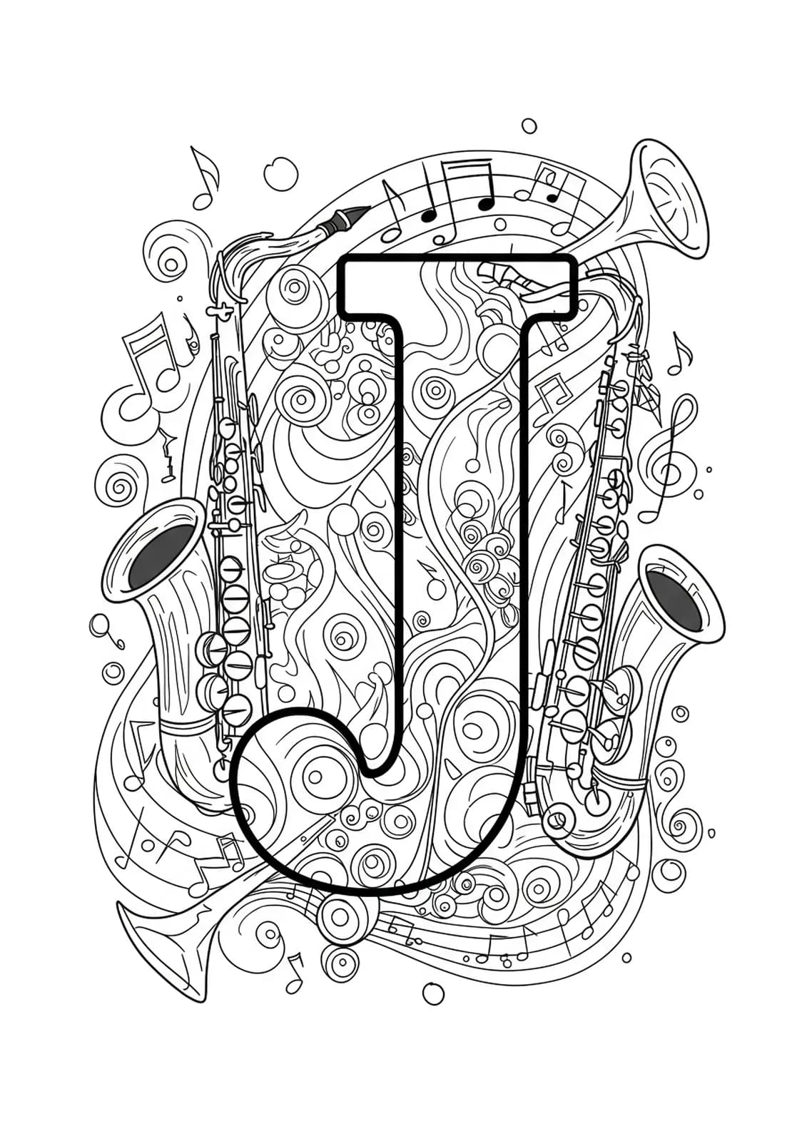 Letter J with intricate saxophones, trumpets, and musical notes, designed for a challenging music-themed coloring.