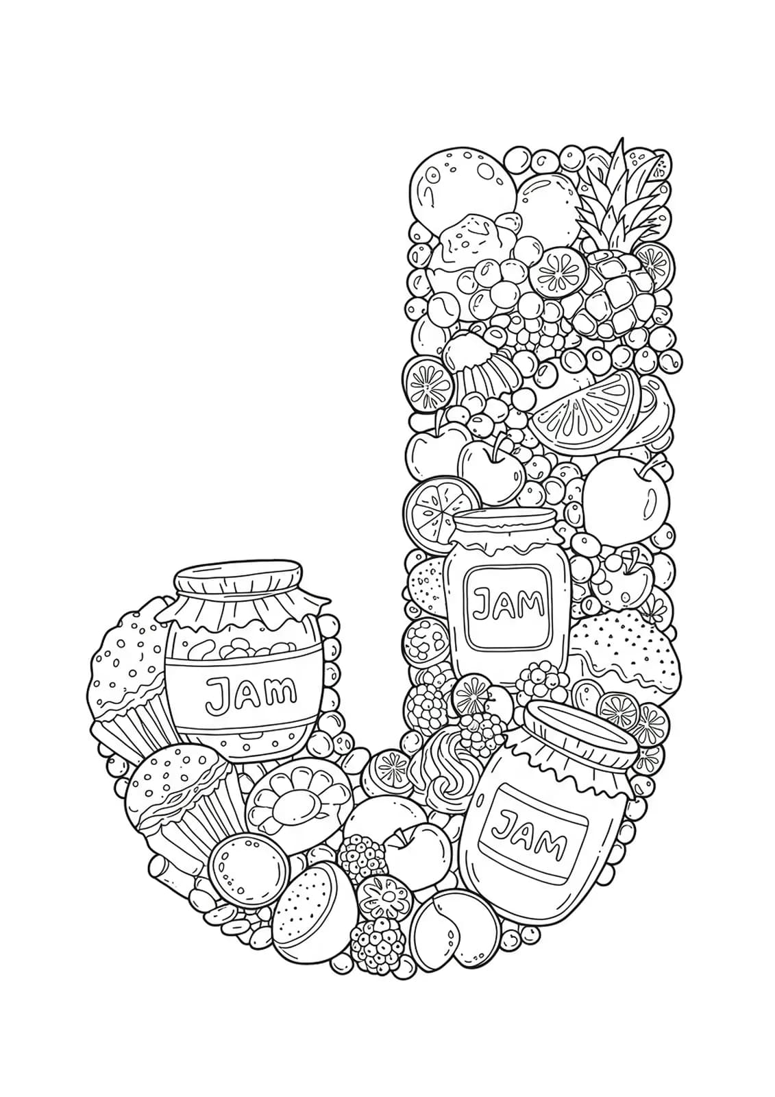 Letter J filled with detailed drawings of jam jars, jelly beans, and juicy fruits for an advanced coloring activity.