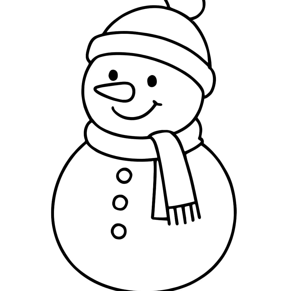 Simple line art of a smiling snowman in a hat and scarf, easy to color for preschoolers.