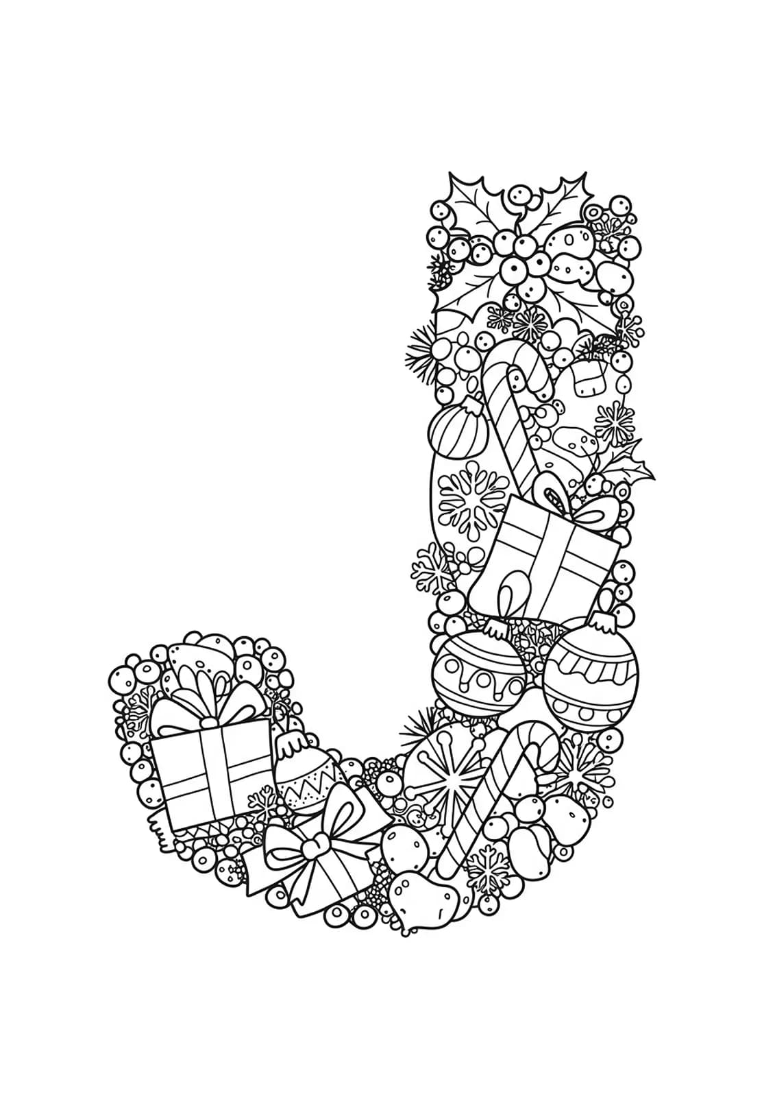 Intricate Christmas-themed letter J with ornaments, holly, candy canes, and snowflake patterns for detailed coloring.