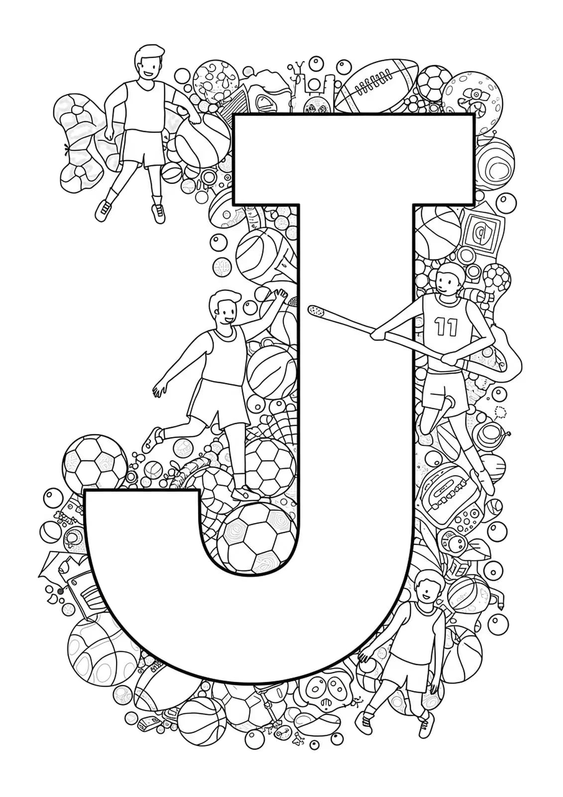 Letter J surrounded by detailed sports equipment and athletes in action, designed as a challenging coloring page.