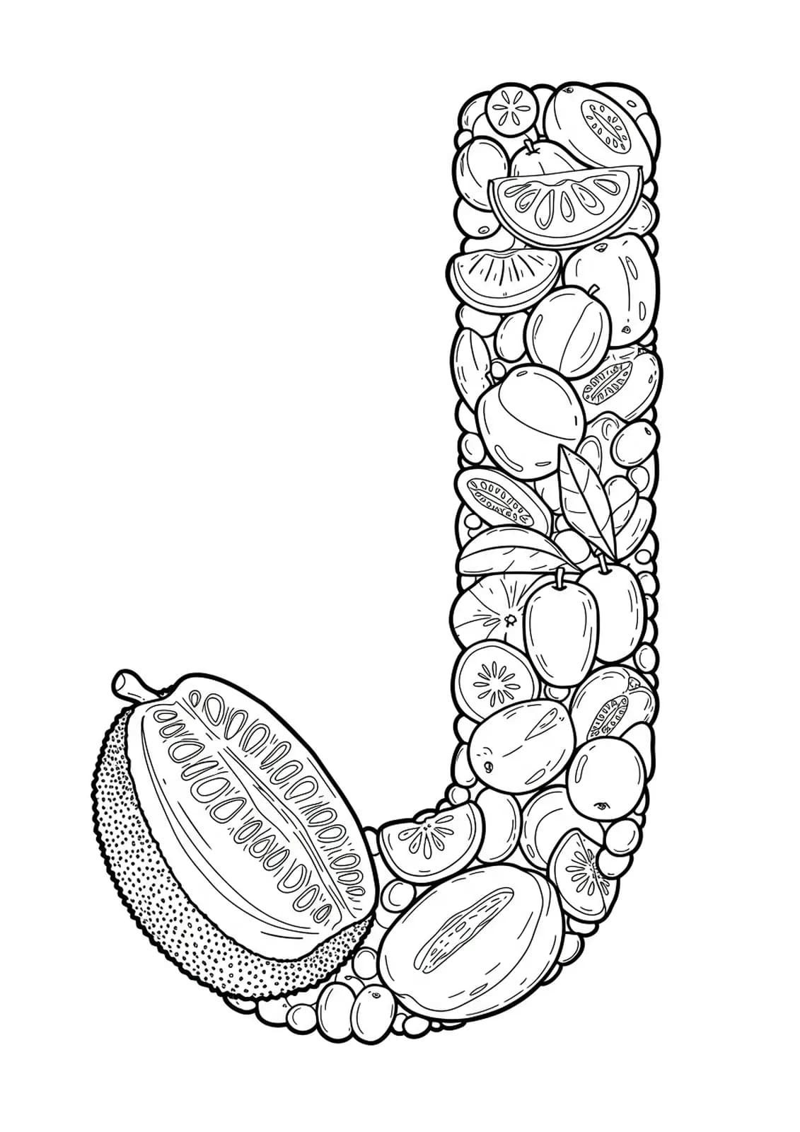 Coloring page of the letter J decorated with jackfruit, jujube, and other fruit elements, medium detail for elementary.