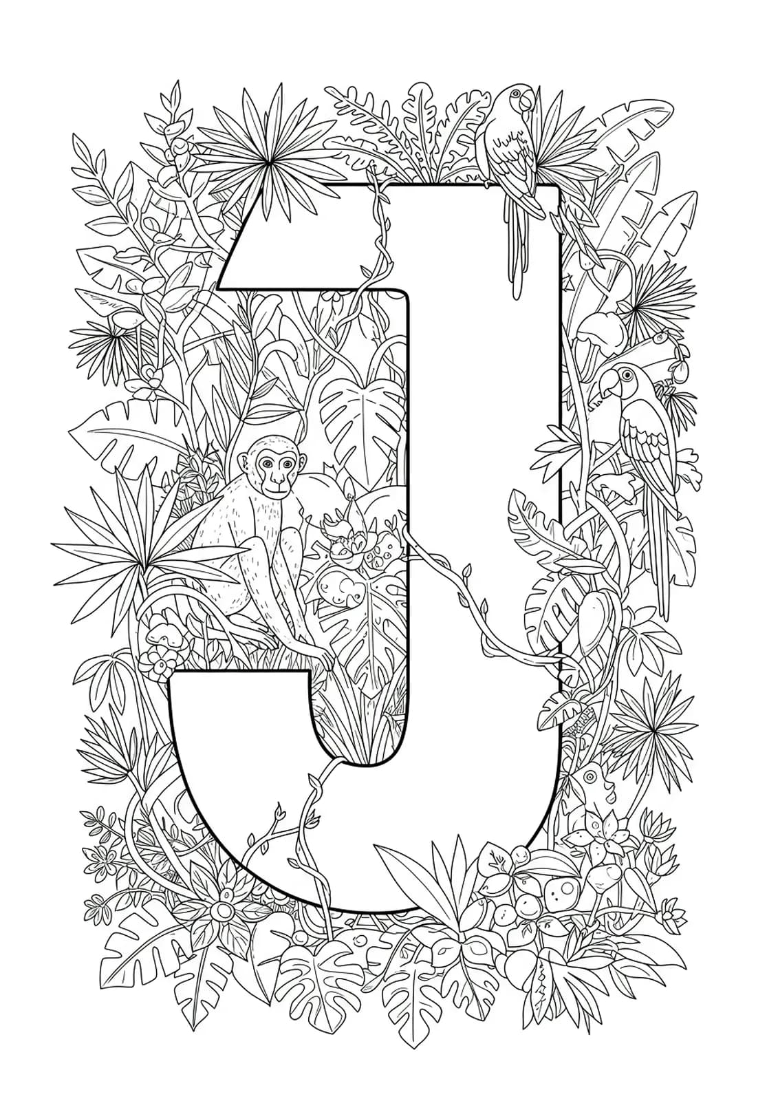 Large letter J surrounded by complex jungle plants, animals, and vines, designed as a difficult coloring page for kids.
