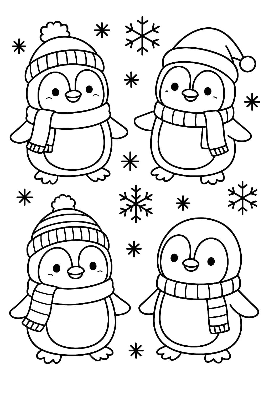 Elementary coloring page showing cute kawaii penguins wearing scarves and hats, set in winter with snowflakes.