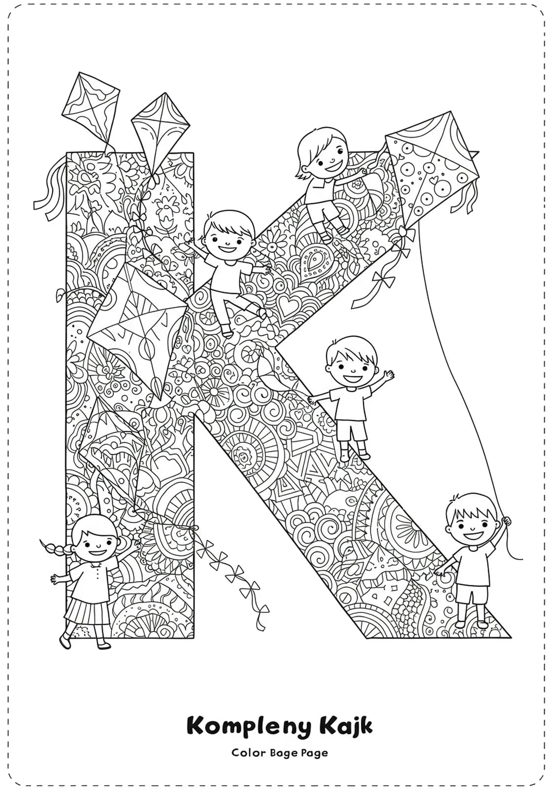 Letter K surrounded by children flying ornate kites with detailed patterns.