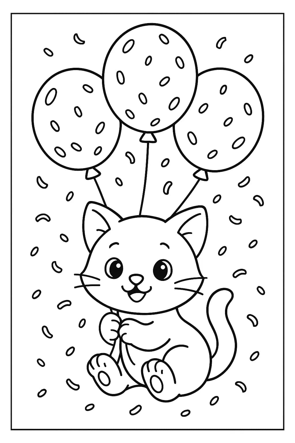 A kitten holding balloons at a birthday party, surrounded by confetti.