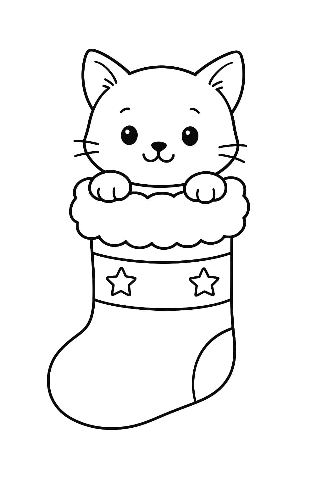Easy coloring page of a kitten inside a Christmas stocking for preschoolers