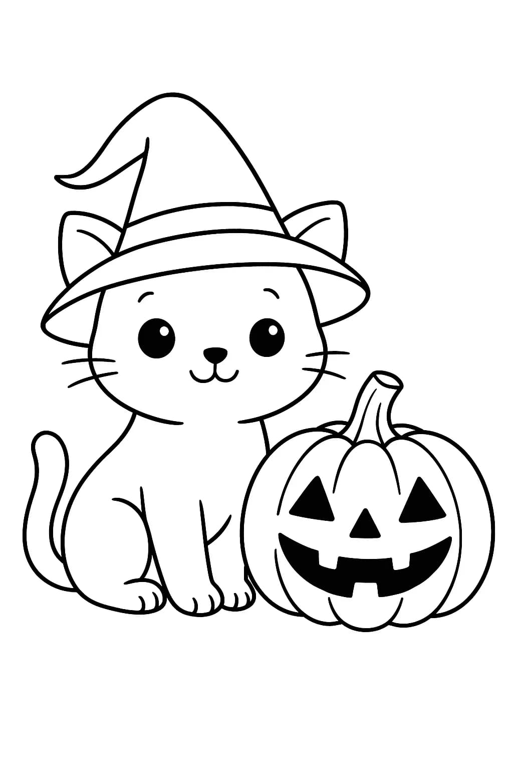 Simple coloring page of a kitty with a witch hat sitting next to a pumpkin.