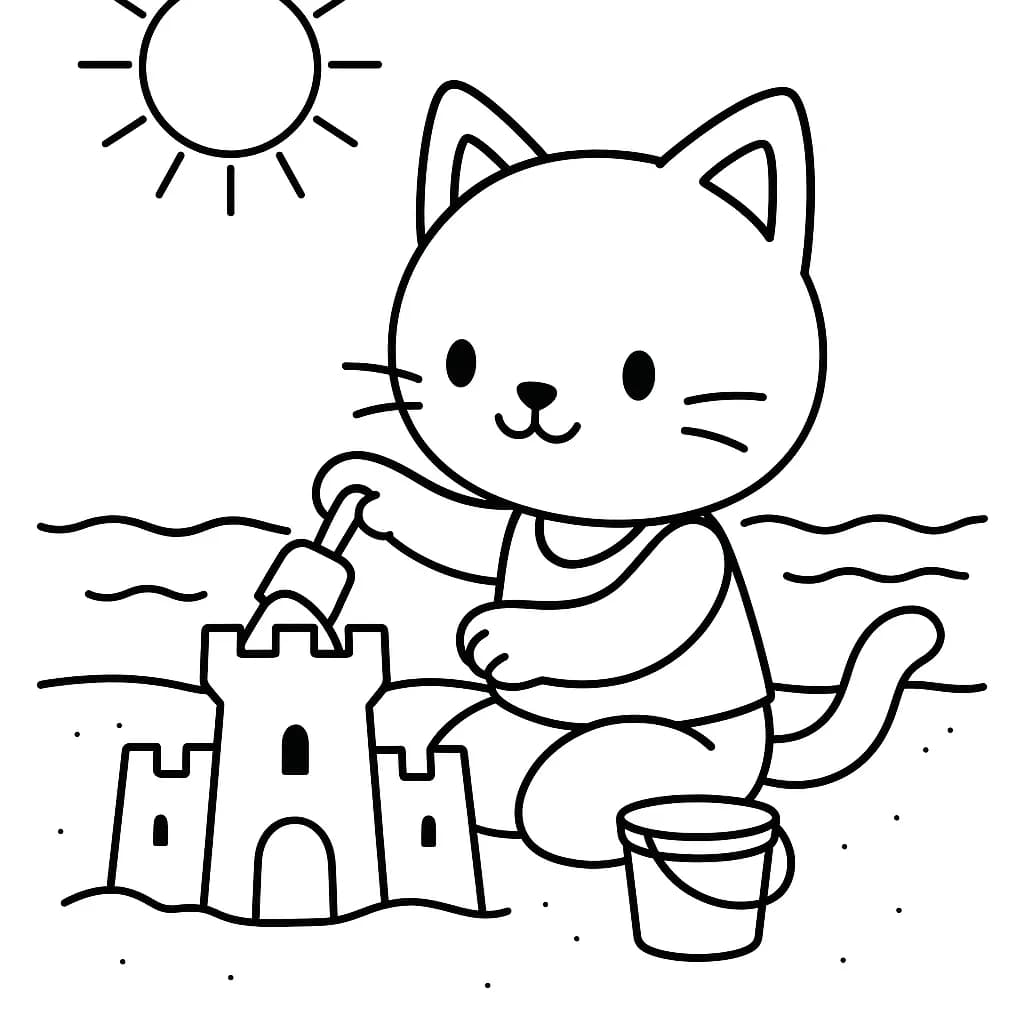 Outline of a kitty at the beach, building a sandcastle with a sun above, made easy for preschool coloring.