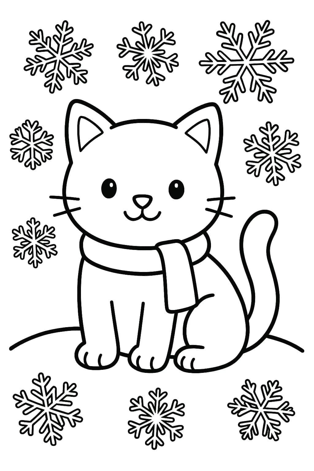 Easy coloring page with a kitty wearing a scarf, sitting on snow with snowflakes