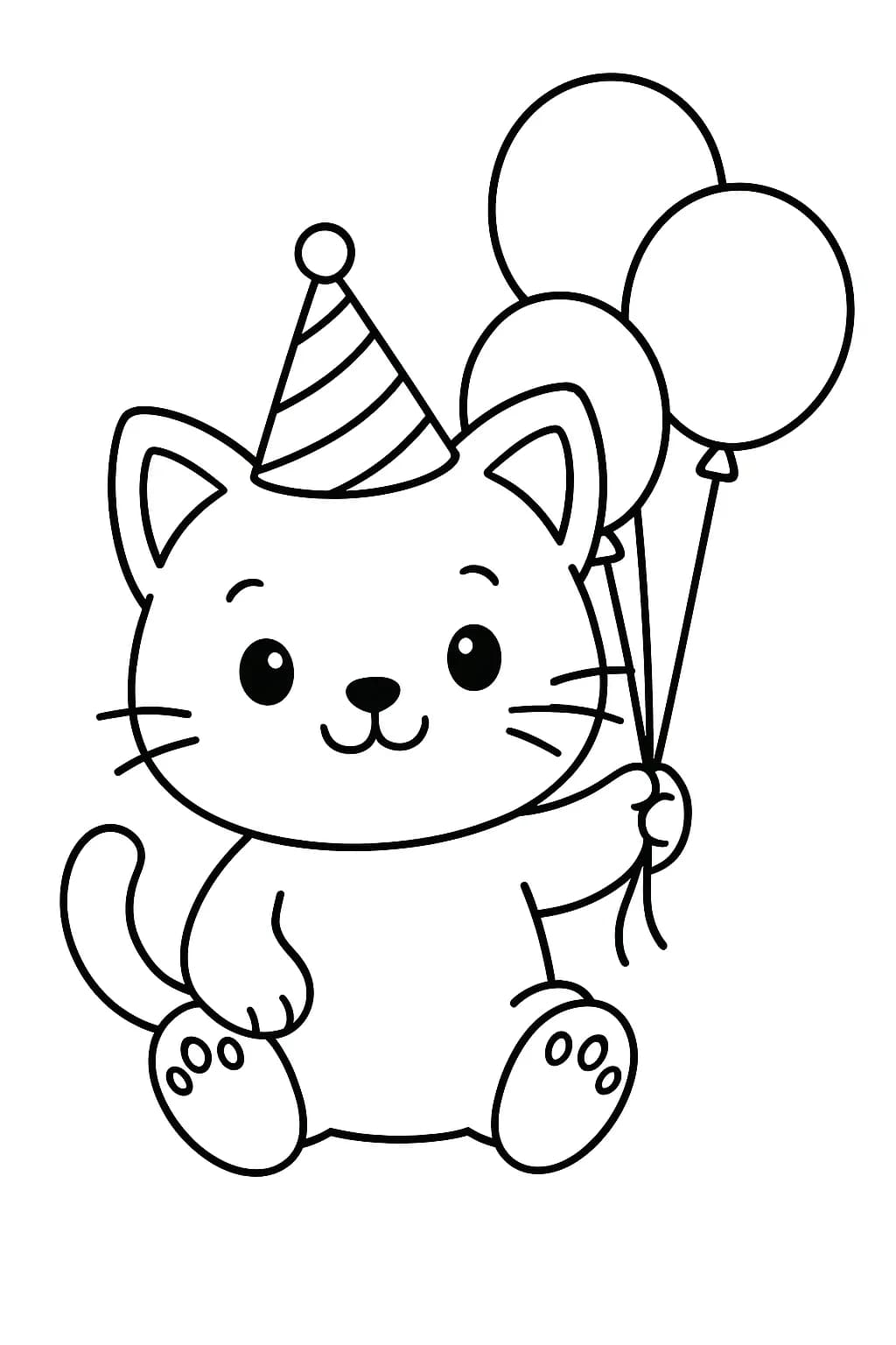 Simple coloring page of a kitty holding balloons and wearing a party hat for a birthday theme