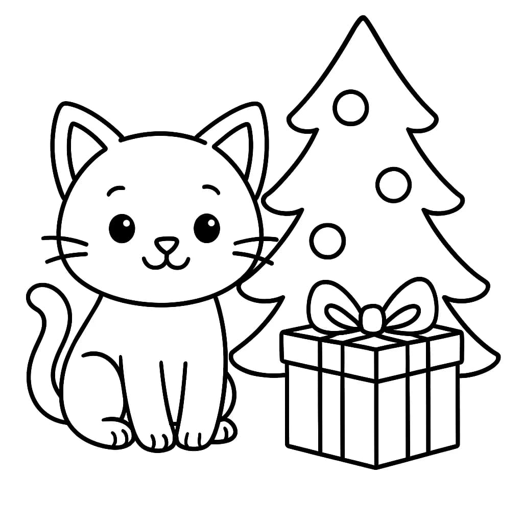 Simple line art of a kitty sitting beside a wrapped present and a Christmas tree, easy for preschool coloring.