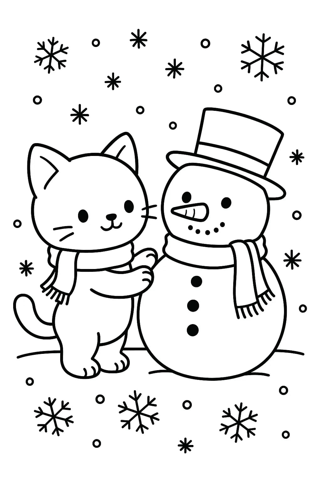 Easy coloring page of a kitty with a scarf making a snowman with snowflakes in the background.