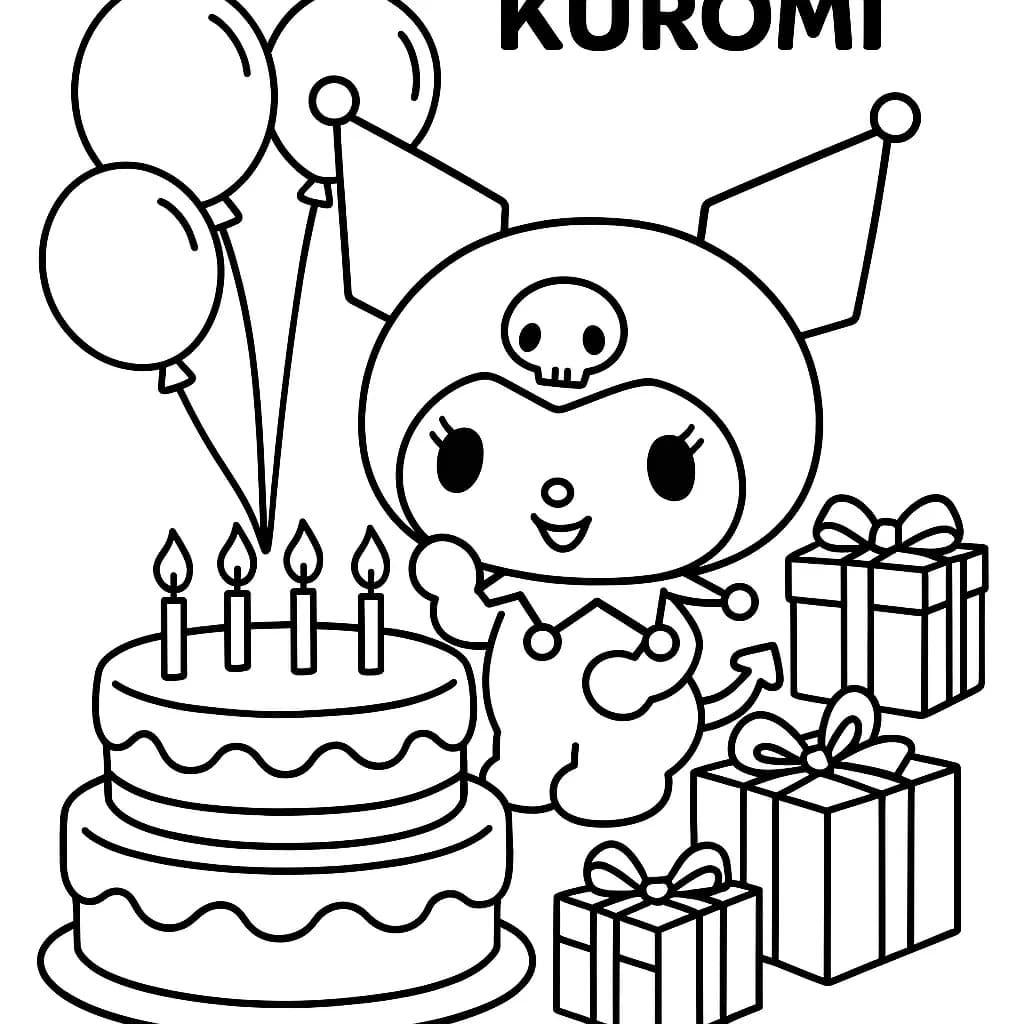 Kuromi character next to a big birthday cake with balloons and presents, easy outlines for preschoolers