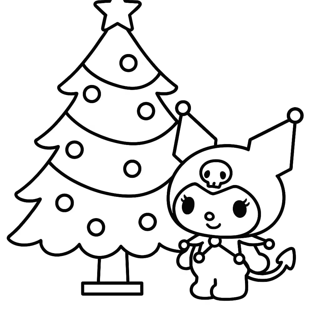 Kuromi character standing beside a large Christmas tree with ornaments, simple lines, easy for preschoolers