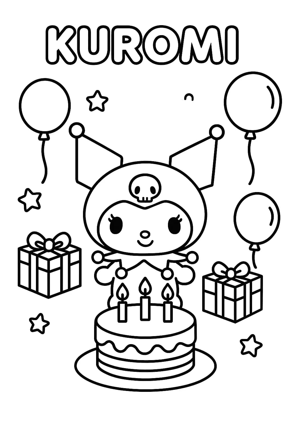 Kuromi celebrating a birthday with balloons, presents, and a cake