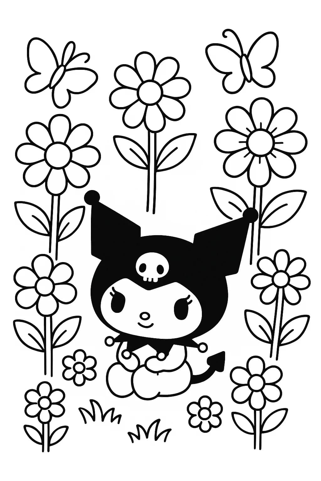 Kuromi character in a flower garden with large flowers and butterflies, simple outlines, preschool level