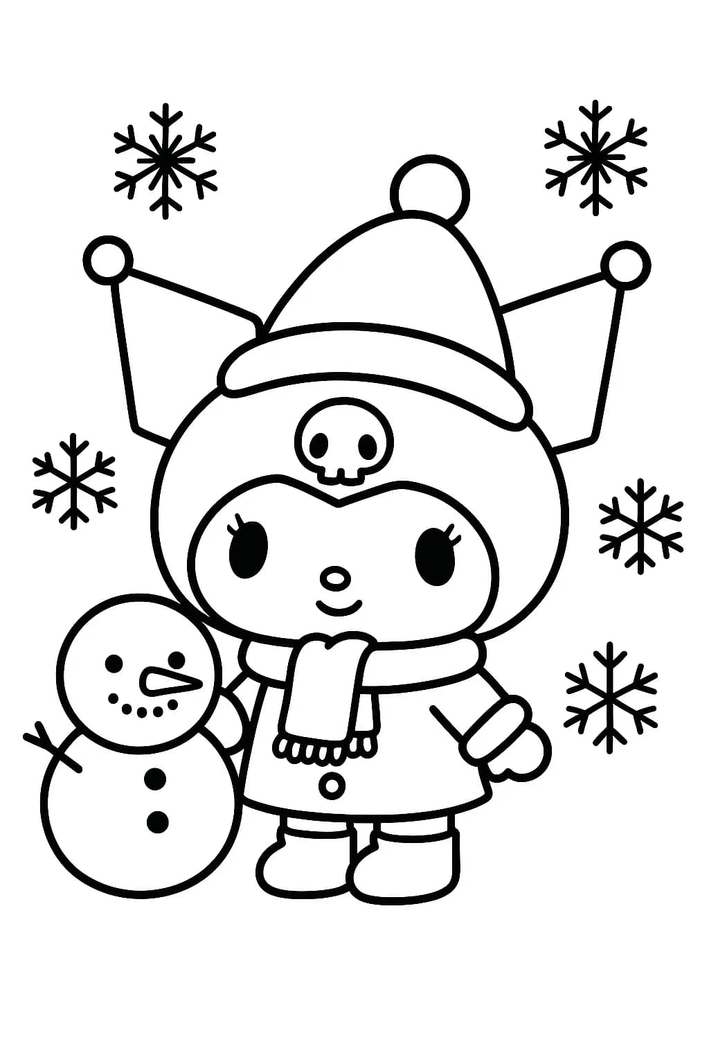 Kuromi wearing winter clothes with snowflakes and a snowman