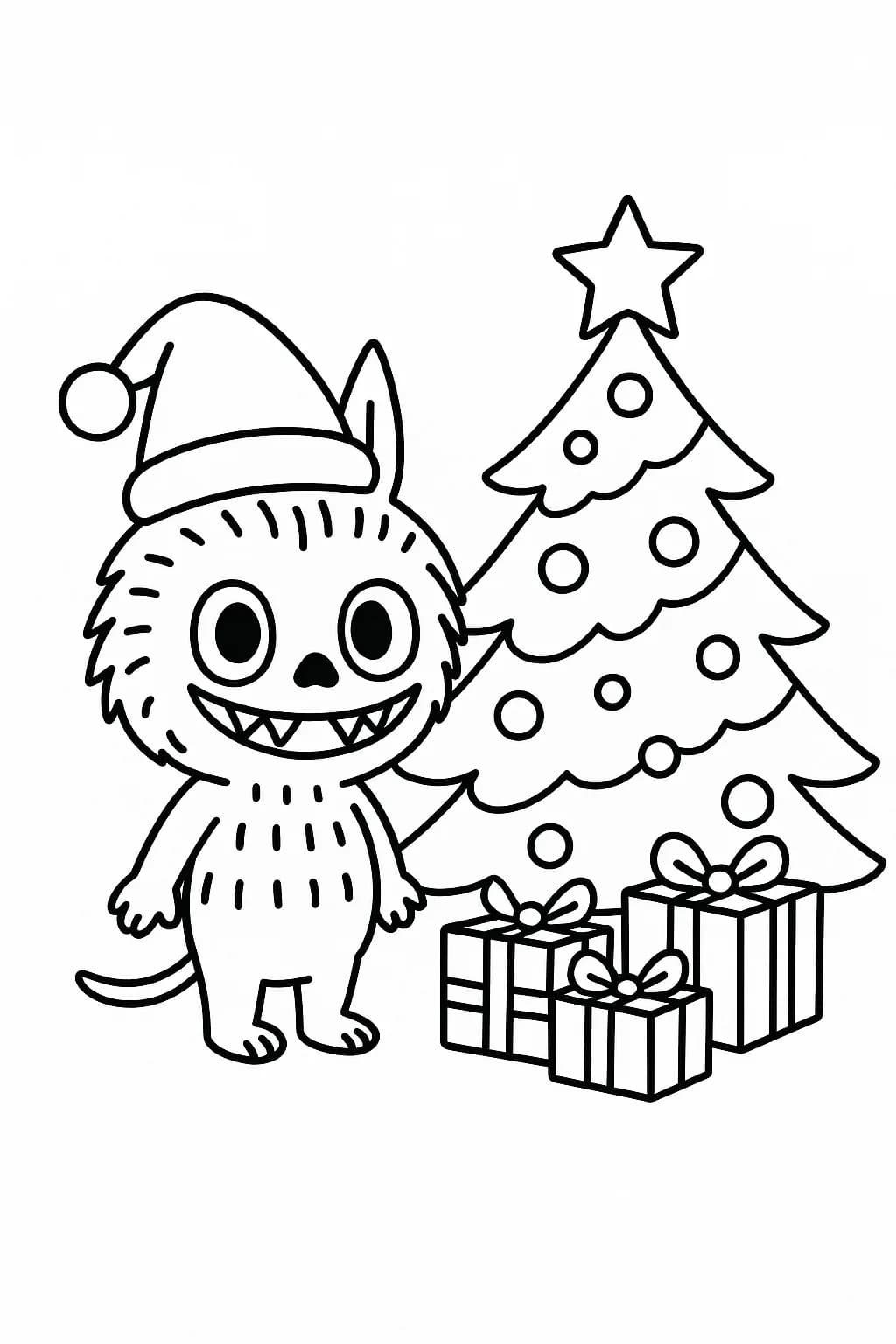 Labubu wearing a Santa hat beside a decorated Christmas tree with presents