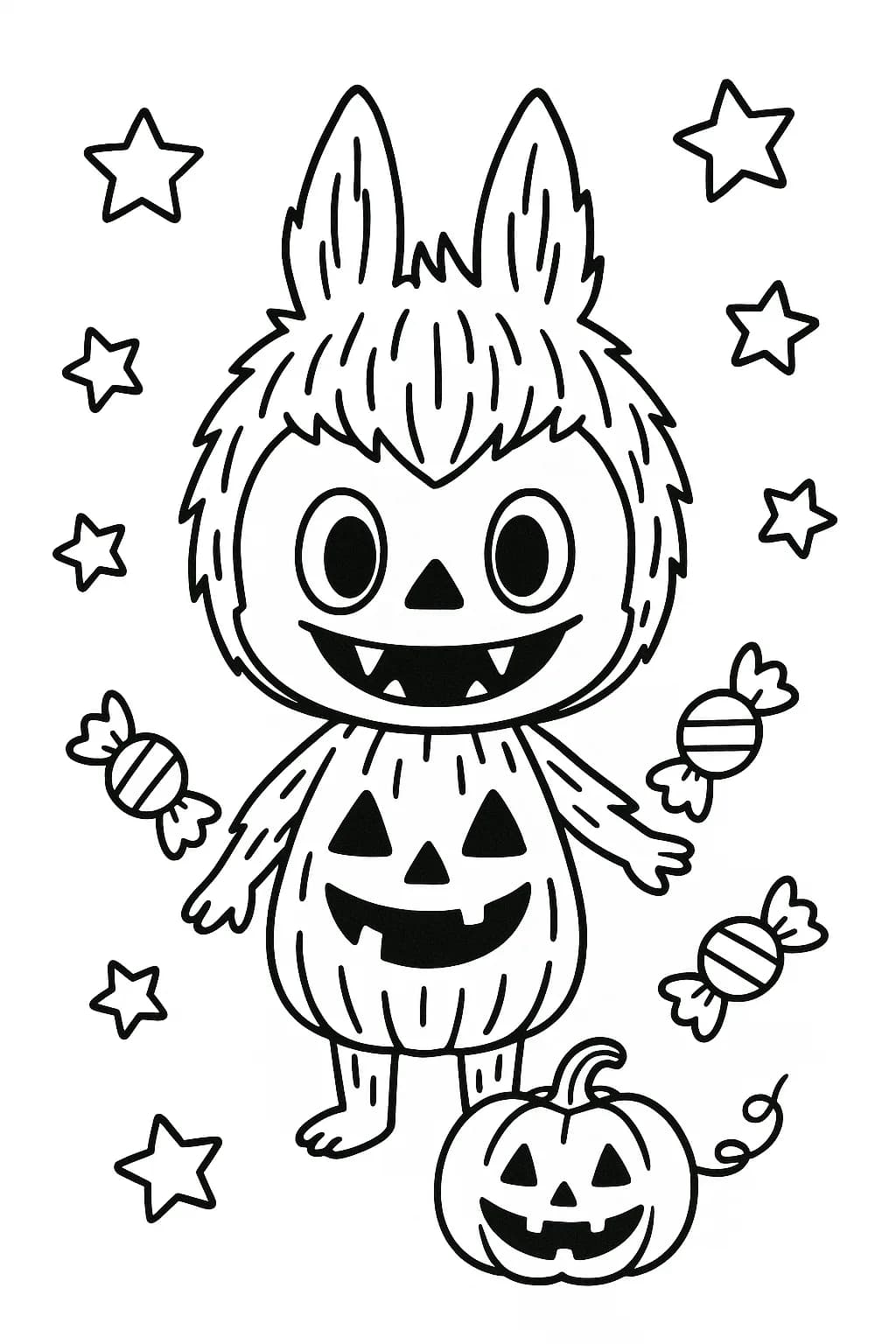 Labubu wearing a pumpkin costume with stars and candies, simple outlines for easy preschool coloring.