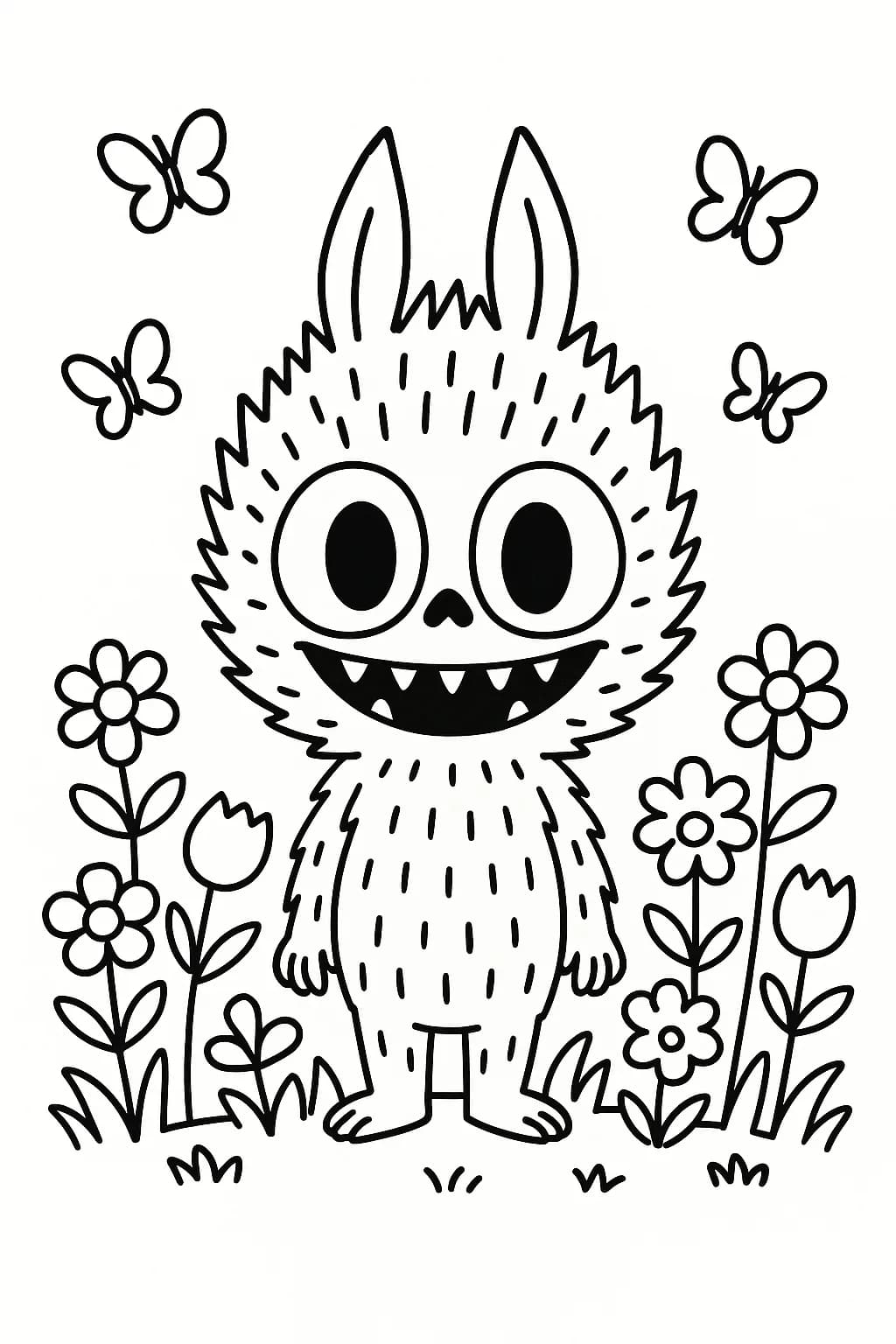 Labubu standing in a spring garden with flowers and butterflies