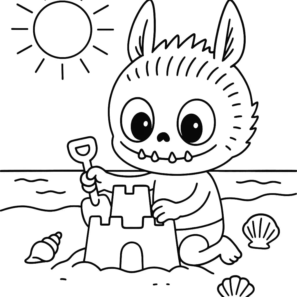 Labubu at the beach building a sandcastle with big sun and seashells, simple and easy lines.