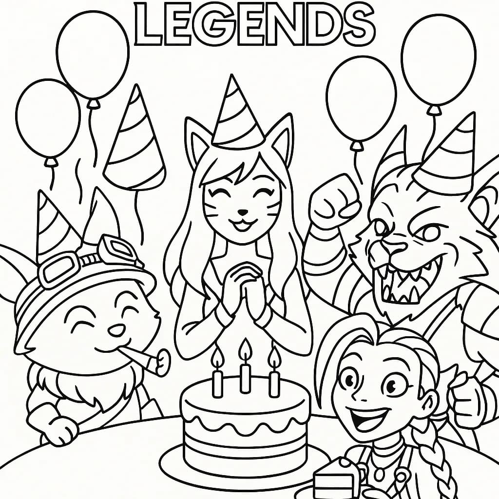 League of Legends champions with balloons and birthday cake, simple coloring page for preschoolers.