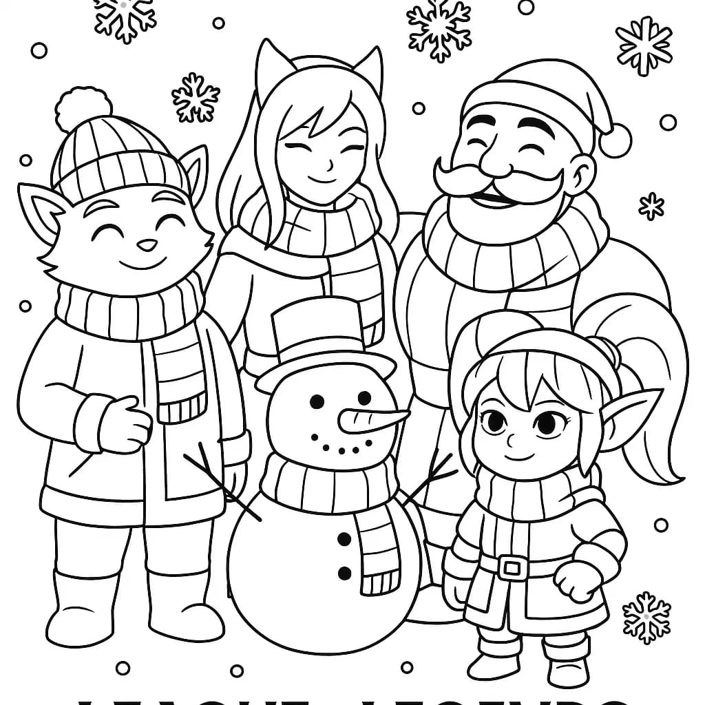 League of Legends characters in winter clothing with snowflakes and a snowman in the background