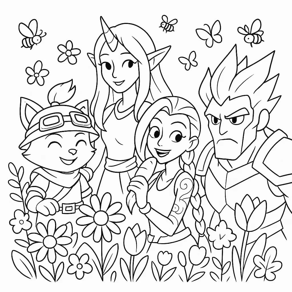 League of Legends characters in a flower garden with butterflies and bees around them