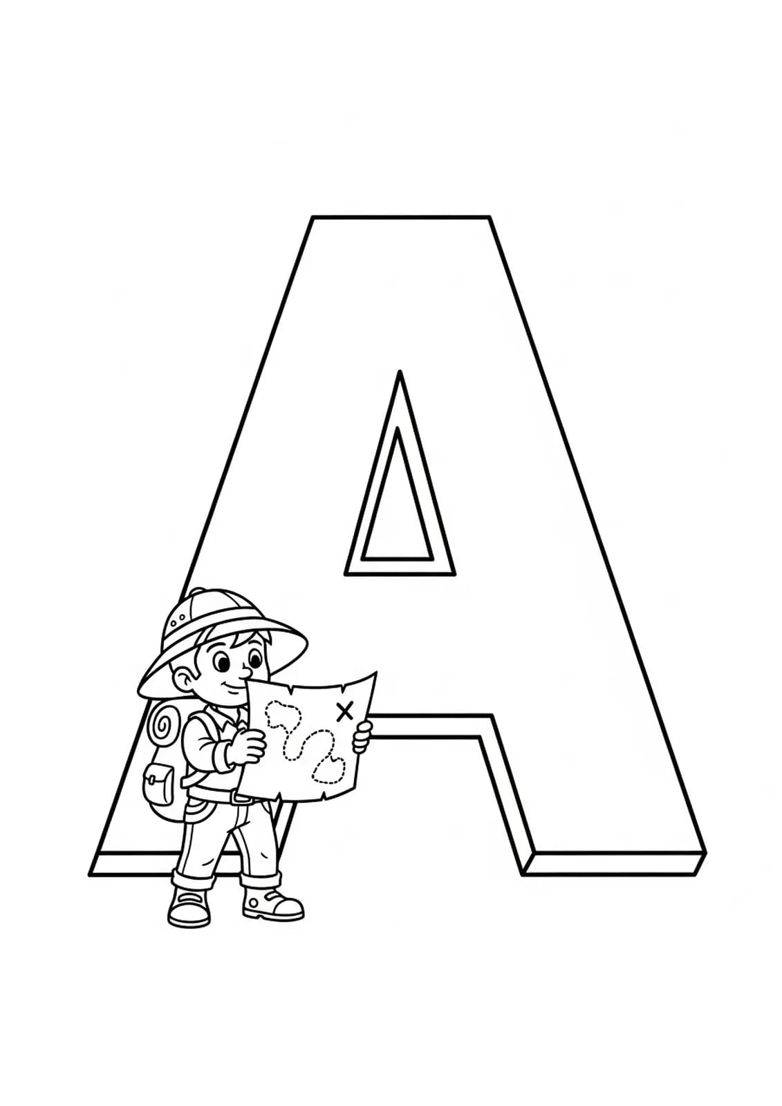 Large letter A with a simple cartoon explorer and a treasure map, easy for preschoolers.
