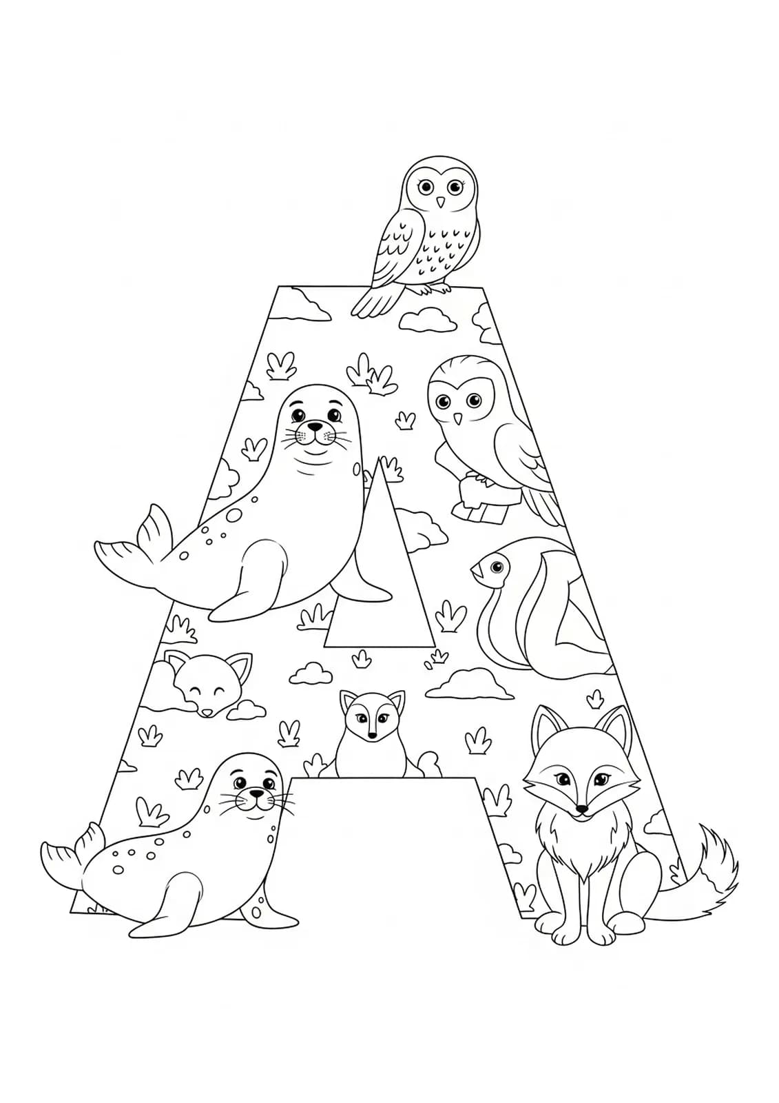 Coloring page featuring the letter A with Arctic animals such as polar bear, seal, and snowy owl.